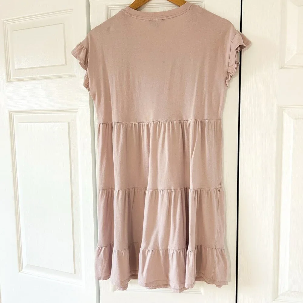 J.Crew Reimagined Tiered Ruffle Sleeve Dress Pink Cotton Jersey Women’s XS EUC